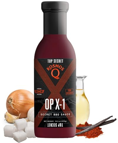 Kosmos Q OP X-1 Secret BBQ Sauce, Award-Winning Backyard Barbecue Sauce Flavor for Ribs, Chicken, Brisket, Pork & More, Sweet & Smoky BBQ Flavor with Ancho Heat, Gluten Free,15.5 Oz