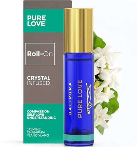 BALIPURA - Olio Essenziale Roll On - “Pure Love” Bottiglia di Vetro Riutilizzabile - con Amazzonite, Avventurina, Quarzo Rosa - Oli Essenziali di Champaca e Gelsomino - Fatto a Mano a Bali, 8 Ml