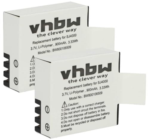 vhbw 2X baterías Compatible con VTIN cámara de acción, cámara de vídeo, videocámara (900mAh, 3,7V, Li-Ion) con Chip informativo