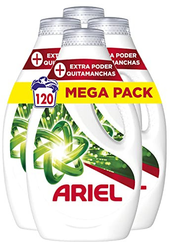 Ariel Detergente Lavadora Liquido, 120 Lavados (4x30), Jabon Quitamanchas, Mas Poder Extra Quitamanchas, Limpieza Profunda