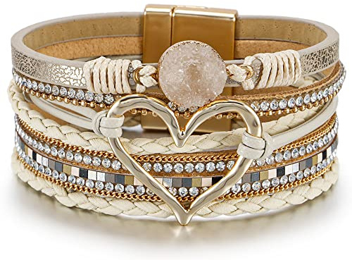 for Mom Leopard Bracelet for Women, Boho Leather Wrap Multi-Layer Pearl Crystal Bracelet Bangle Jewelry (Heart Leather(Khaki))