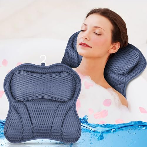 ULTRGEE Badkissen, Nackenkissen mit 4D-Luftnetz & Badewannenkissen mit 6 Saugnäpfen für das Heim-Spa, ergonomische Badezubehör stützt Kopf, Nacken, Geschenke für Sie- Marineblau
