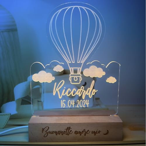 PIXEL® Lampada personalizzata con nome incisa 3d Luce notturna bambino bambina bambini neonato Idea regalo nascita bimbo bimba battesimo Regalo Natale neonati Personalizzato cameretta (Mongolfiera)