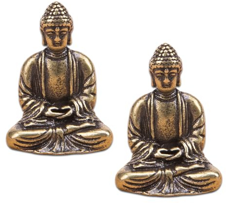 ZORZA 2Pcs Sturdy Brass Mini Buddha Statues Meditation Seated Pose Small Sakyamuni Buddha Figurine for Indoors Outdoors Feng Shui Decoration