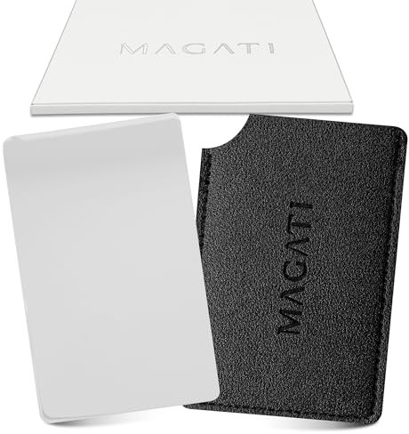 MAGATI Handspiegel klein inkl. Schutzhülle, Spiegel in Kreditkartenformat aus Edelstahl, Taschenspiegel, Kosmetikspiegel, Kleiner Spiegel, schminkspiegel klein 8.5x5.5cm, 1 Stück
