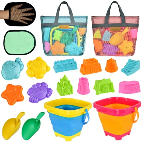 Aclarastra Collapsible Beach Sand Toys for Kids - Travel Beach Toys with 2 Collapsible Beach Buckets, Mesh Bags, Sand Castle Molds, Sand Bucket Shovel Set Sandbox Toy for Toddlers Kids
