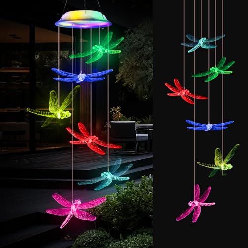 Campanilla Viento Solar, Campanas Viento Luces Solar Cambio Color, Impermeable LED Libélula Carillón de Vient para Jardín, Carillón Decoración para Exteriores Patio Regalo para Mamá