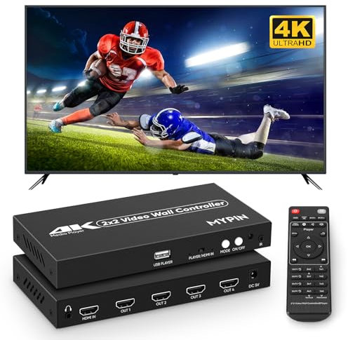 2X2 Contrôleur de Mur vidéo 4K@30Hz, Lecteur multimédia,Video Wall Controller, contrôleur d'affichage fractionné 4 canaux avec télécommande, Rotation à 180 degrés, 8 Modes de fractionnement