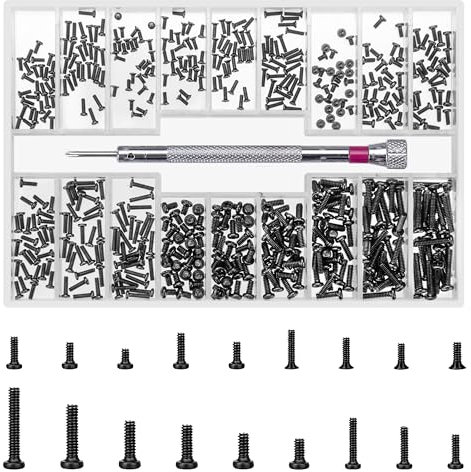 QOOSIKICC 500 Pcs Small Screws Set, M1.2 M1.4 M2 Micro Mini Tiny Screw Kit, Flat Head Pan Head Screws for Stainless Steel Watch Computer Sunglasses Laptop Spectacle Repair (N)