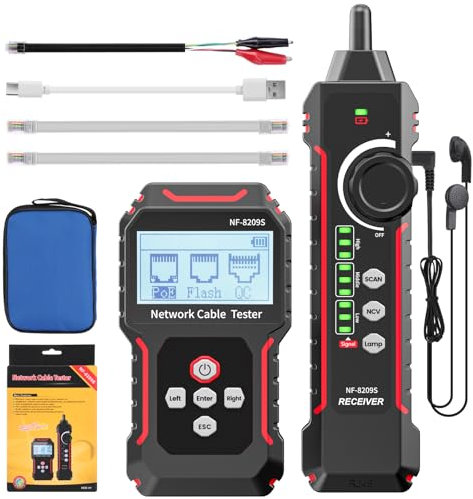 VXSCAN NF-8209S RJ45 Network Cable Tester and Tracer With NCV & Lamp - CAT5 CAT6 CAT6a Length Measurement, Scan, Flash, QC, NCV, POE Testing