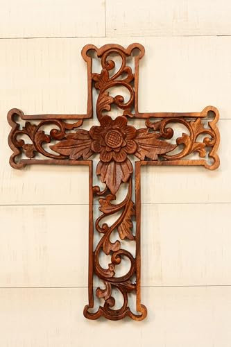 G6 Collection 16 Wooden Hand Carved Wall Plaque Relief Panel Hanging Sculpture Handcrafted Art Religious Gift Decorative Home Decor Accent Handmade Wood Decoration Artwork (16 Lotus Flower Cross)