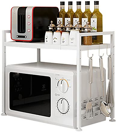 AUYART Skalierbar Mikrowellenhalter,Mikrowellen Halterung mit 3 Haken, 2-stufiges Stauraum küchenregal stehend,Küche Halter Regal,Einstellbar Arbeitsplatte Bäckerregale 50 kg Tragfähigkeit