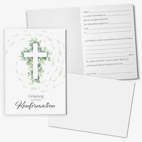 younikat 15 Stück Einladungskarten zur Konfirmation I DIN A6 zum Ausfüllen mit Lückentext I inkl. passenden Umschlägen I Klappkarte Eukalyptus Fische Kreuz I dv1562