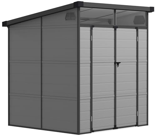 Outsunny 6 x 6ft Plastic Storage Shed With Windows and Air Vents, Resin Tool Storage With Latch Doors for Garden, Deck, Light Grey