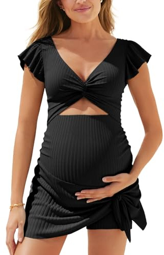 Summer Mae Ribbed Maternity One Piece Swimsuit Dress Cutout Bathing Suit with Built-in Pocket Short Swimwear Tie Knot Skirt Black 10