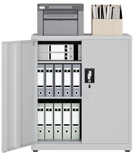 LAND·VOI Armario de Acero 3 Estantes con Cerradura Estantes Ajustables Puertas Dobles Armario de Oficina Mueble de Metal para Oficina Garaje Cocina Taller 80×40×91.5 cm Gris Claro