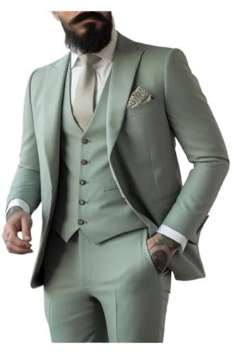 Costume Mariage Homme Costume 3 pièces Vert Sauge for Homme, Coupe Slim (Veste, Gilet, Pantalon), Smoking de Mariage, Bal Promo, soirée Formelle pour Le Mariage(L)