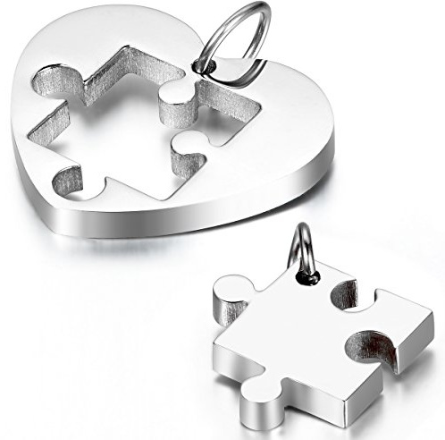 Cupimatch 2pcs Couples Necklace Stainless Steel Love Heart Puzzle Matching Pendant with Chain (Silver)