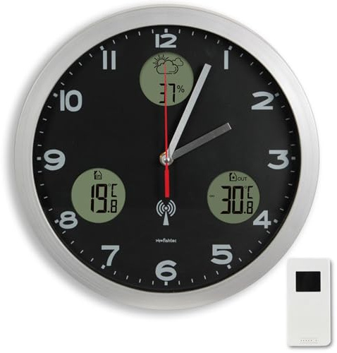 Orologio da Parete Stazione Meteorologica - Visualizzazione digitale : Previsioni + Temperature interna/esterna + Igrometro interno - Radiopilotato - Sensore termometro esterno - Ø 30 cm