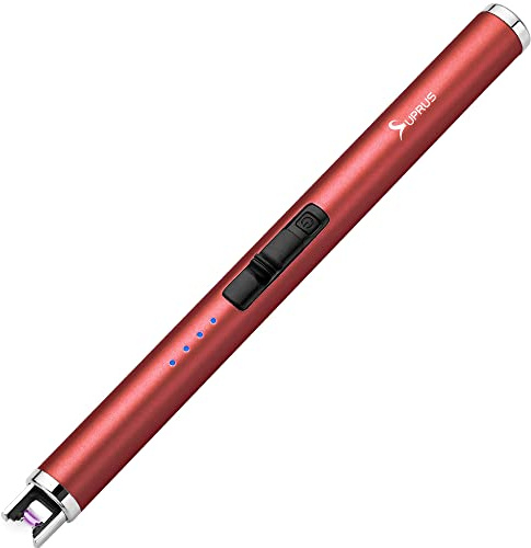 SUPRUS Candle Lighter Electric Arc Lighter Rechargeable USB Lighter Flameless Plasma with Safety Lock Switch for Camping BBQ Cooking (Red)