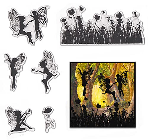 Estivaux Fairy Flowers Clear Stamps for Card Making and Journaling, Dandelions Leaves Grass Rubber Stamps Butterfly Fairy Wings Stamps for Scrapbooking DIY Cards Album Crafts Supplies