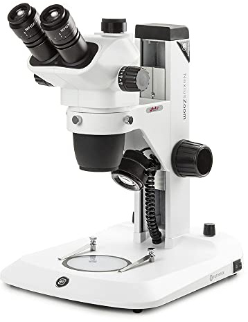 Trinokulärt stereozoommikroskop NexiusZoom EVO, 0,65 x till 5,5 x zoomobjektiv, förstoring 6,5 x till 55 x rack drevstativ incident och överförda 3 W LED-belysning, Globe Scientific | Euromex