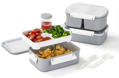 Lille Home Contenitori di stoccaggio degli alimenti per insalata a 3 pacchetti, scatole da pranzo bento 3800 ml, con coperchi e vassoi rimovibili, forchetta e cucchiaio, per pranzi, insalate (Grigio)