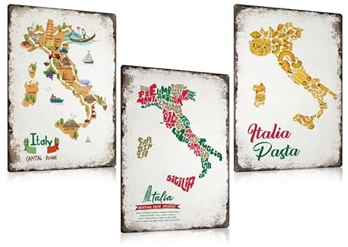 3er Set Blechschilder Retro Italien Pisa Pasta - Vintage Italia Thema Werbeschild - Essen Getränke Metallschilder - Italy Wanddeko Poster Schild Decoration Geschenke 20x30cm