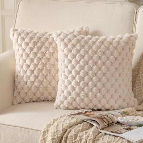 Mandioo Pack of 2 Beige Super Soft Plush Decorative Cushion Covers 18x18 inch 45x45 cm Wool Velvet Throw Pillow Covers cases Faux Fur fluffy Couch Sofa Bed Livingroom