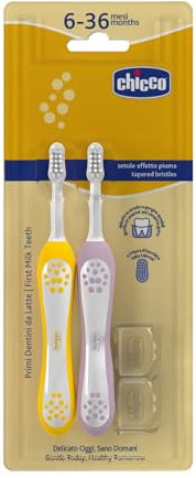 Chicco Set 2 Spazzolini da Denti per Bambini, Con Testina Arrotondata, Setole Morbide Delicate su Gengive e Dentini, Ampio Manico Antiscivolo, Coprisetole Incluso, 6-36 Mesi, 2 Pezzi, Bimba