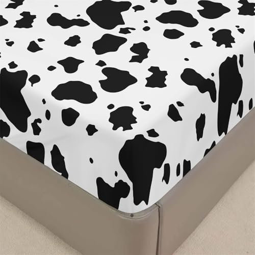 FANSU Spannbettlaken mit Blätter Muster Polyester Bettlaken 30cm Extra Tiefe Taschenlaken Weiche Bequem Kawaii Spannbetttuch für Einzelbett Doppelbett Boxspringbett (200x200cm,Kuhmuster)