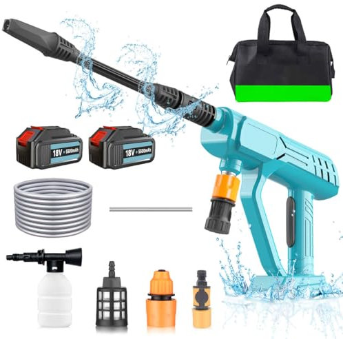 Akku Hochdruckreiniger, Max 720PSI Tragbarer Hochdruckreiniger mit 2X 3000mAh Akku und Ladegerät, Multi-Sprühdüse 5M Schlauch für Auto, Terrasse, Garten, Zaun, Pool