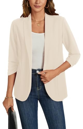 MINTLIMIT Womens Casual Blazers Open Front 3/4 Ruched Sleeve Blazers Solid Color Work Office Jackets Blazer, Beige