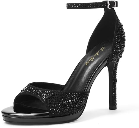 Elisabet Tang Woman's Round Open Toe Ankle Strap Heeled Platform Sandals Stiletto High Heel Sandal Dressy Sexy Wedding Party Shoes Black Rhinestone Size 6