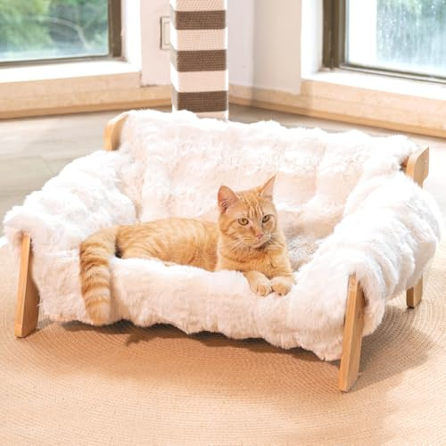 CheerPals Raised Cat Bed with Beech Wood, 70x47cm Large Cat Sofa, Removable Washable Plush Cover (Cotton Filling), Chair for All Cats to Sleep
