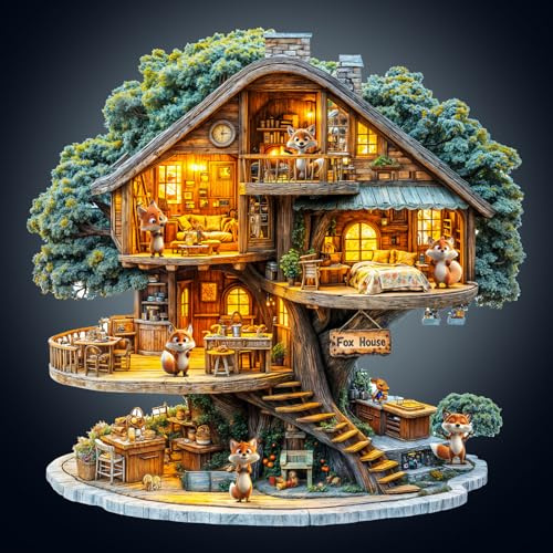 Rompecabezas de madera para adultos, rompecabezas de madera de casa de zorro, rompecabezas único con forma de animal con caja de madera, rompecabezas de madera de 34 x 34 cm para juegos familiares y