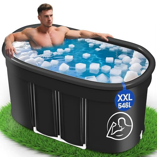 Newfulam Bain de glace ovale XXL (120 cm) avec couvercle - Kit complet - Baignoire pliable pour adulte - Pour l'extérieur, tonneau à glace, baignoire d'extérieur, thérapie par le froid pour les