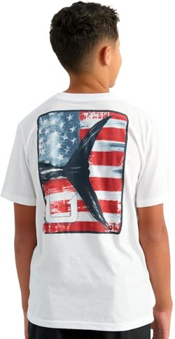 HUK Kid's Scott Fishing Graphic Tee, Short Sleeve Performance Blend T-Shirt, KC Americana-White