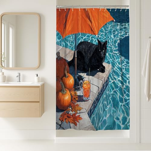 Cortina de ducha de gato, calabaza otoñal y paraguas naranja, decoración junto a la piscina, arte moderno de temporada de otoño, cortina de ducha de tela impermeable con ganchos, 36 x 72 pulgadas