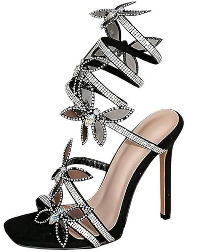 FQLGJMY donna Stiletto tacco alto sandali Tie Up Open Toe Slingback spirale avvolgere intorno a scarpe estive con strass per festa di ballo