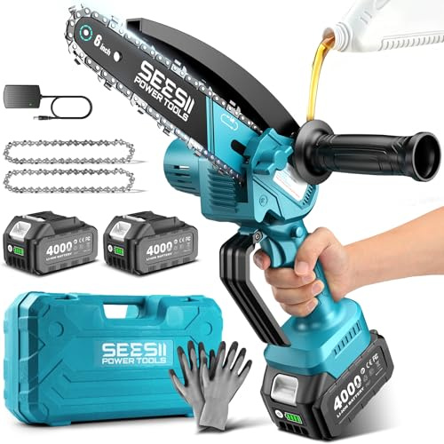 SEESII Mini motosierra eléctrica de 6 pulgadas con 2 baterías de 4,0 Ah, autolubricante para cortar árboles, corte de madera, camping y uso al aire libre, motosierra de mano ligera para corte de ramas
