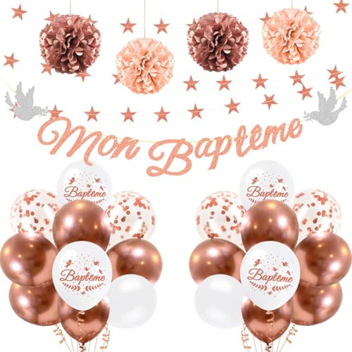 iZoeL Decoration Bapteme Rose Gold Mon Baptême Banniere Guirlande Ballon