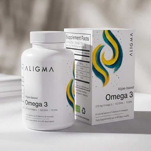 Aligma Vegan Omega 3 Capsules 60 Softgels 275mg DHA EPA Algae Oil Non-GMO | Fish free plant based alternative, no fishy aftertaste, no mercury or microplastic worries, sustainable algal source, 1 a day