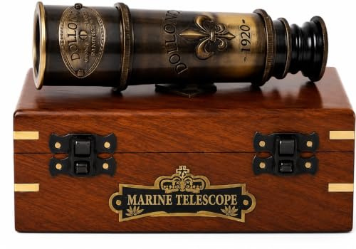 1920 Marine Telescope - Vintage Brass Spyglass with Wooden Box | 15” Antique Nautical Telescope - Pirate & Explorer Collectible | Handheld Monocular for Bird Watching, Sailing & Décor