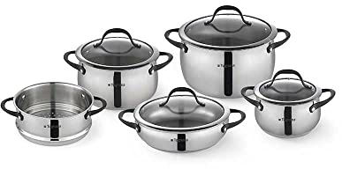 Tognana Emozione Gourmet, Batteria di pentole e padelle, Set con 4 coperchi, 3 casseruole, 1 tegame, 1 castello vapore, 9 Pezzi, Acciaio Inox