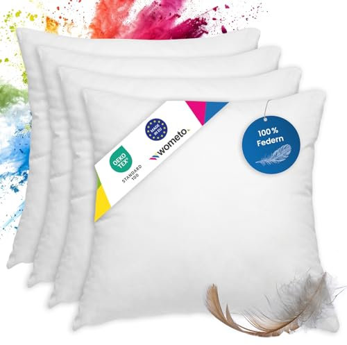 wometo 4er Set Federkissen 100% Federn 55x55-750g Oeko-TEX Sofakissen Kissen Füllkissen Bezug Baumwolle weiß/Innenkissen/Kissenfüllung/kleine Kopfkissen (4 Stück)