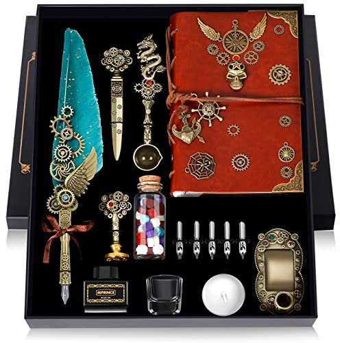 MPRINCE Schreibfeder Tinte Set Leder Notizbuch mit Quill Stift, Notizbuch, 5 austauschbare Schreibfedern, Siegel Stempel, Löffel, Wachs Perlen, weißes Wachs, Tinte, Stifthalter, Tasse(grün)