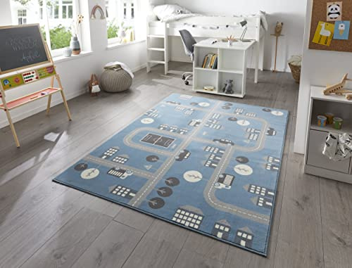 Hanse Home Teppich Kinderzimmer Kinderteppich Town – Junge Mädchen Spielteppich Kurzflor Teppich Modern Spielstraße Straßenmotiv, Weicher Flor, Pflegeleicht - Himmelblau, 120x170