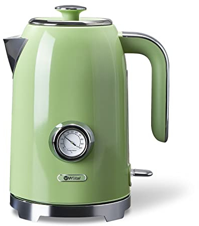 Wiltal Wasserkocher [1,7L, 2200W], Retro Green, Edelstahl, Toaster Wasserkocher set Retro (Wassertemperaturanzeige im Retrodesign, außenliegende Wasserstandsanzeige) Vintage Teekocher…