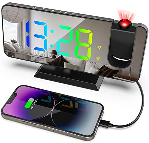TaDool Projection Alarm Clock, Digital Clock with 180° Rotatable, 7.5'' RGB colour display bedside clock, 7-Level Brightness Dimmer, 12/24H Alarm Clock for Bedroom-Black